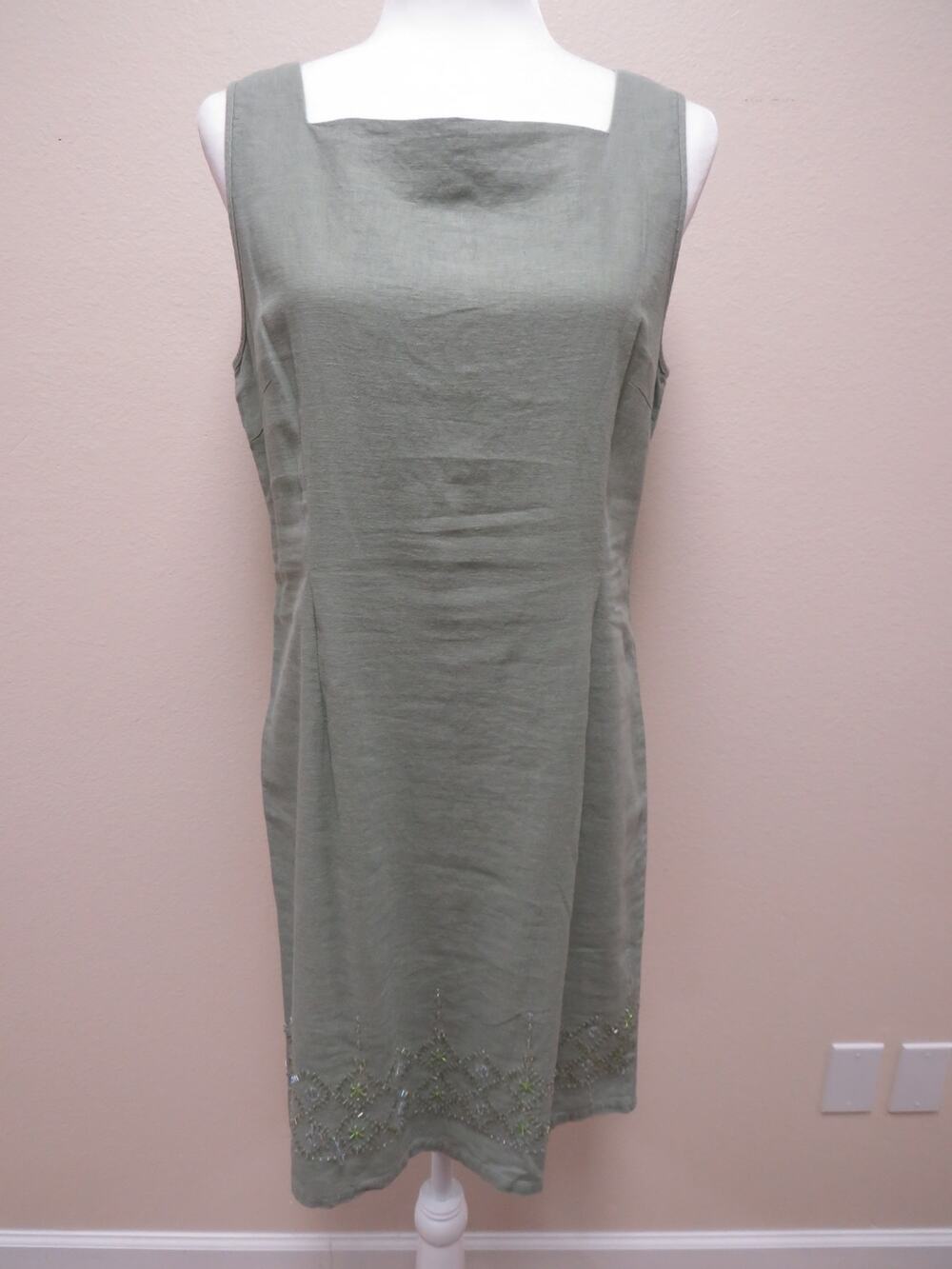 VTG Linen Rayon Blend Women's Large Sheath Dress Beading Sequin Tank Square Neck